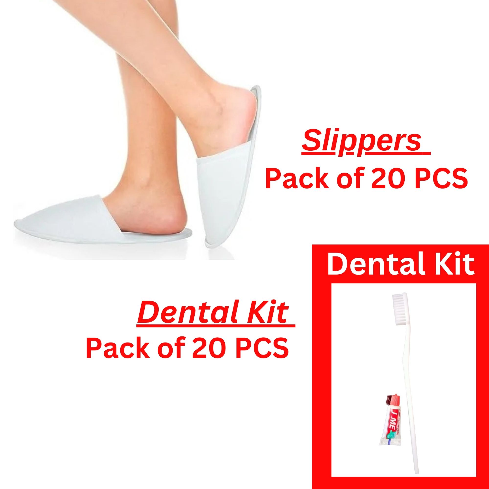 Disposable Slippers / Room Slippers PACK OF 20  and Dental Kit / Toothbrush and Toothpaste