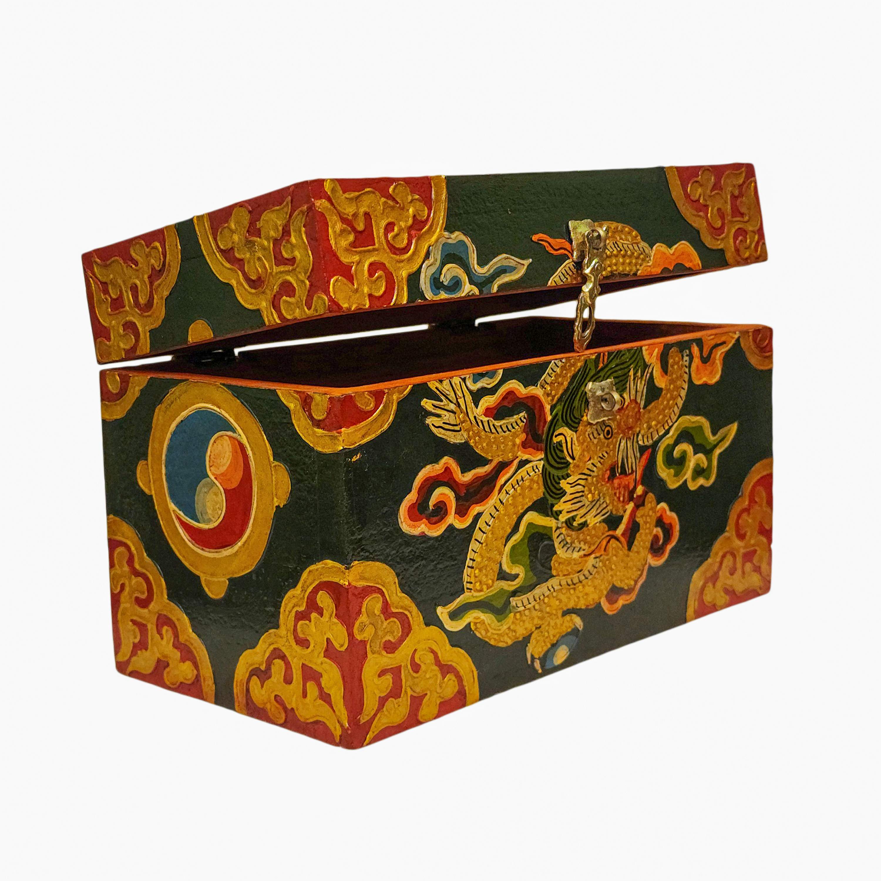 Tibetan Ritual Wooden Box, Carved and Painted/ jewelry box