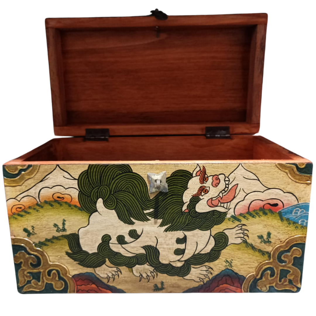Tibetan Wooden Box, Carved and Painted/ jewelry box